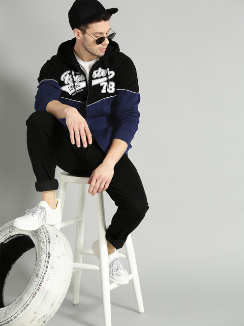 

Roadster Men Navy Blue & Black Colourblocked Hooded Sweatshirt