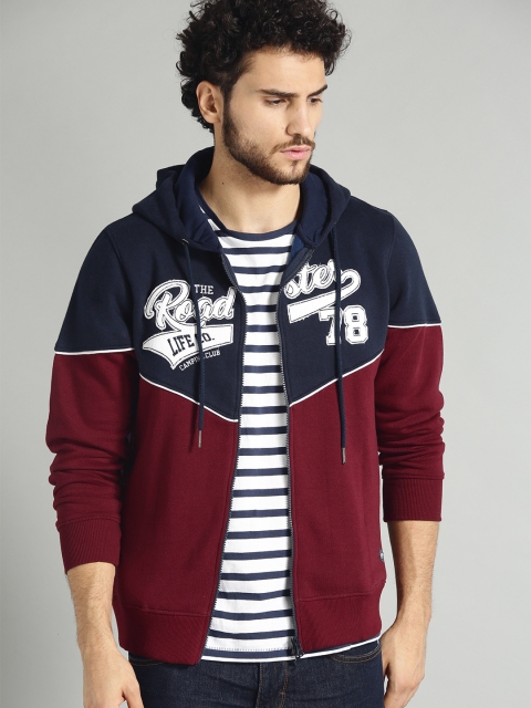 

Roadster Men Maroon & Navy Blue Colourblocked Hooded Sweatshirt