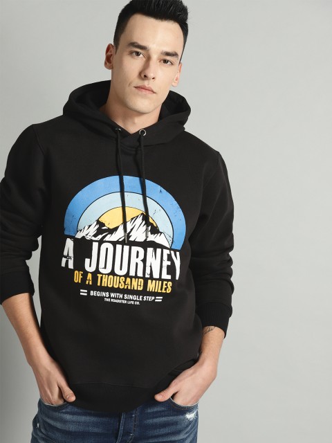 

Roadster Men Black & White Printed Hooded Sweatshirt