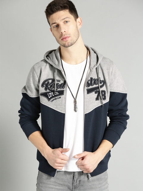 

Roadster Men Grey Melange & Navy Blue Colourblocked Hooded Sweatshirt