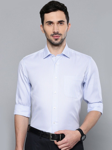 

Louis Philippe Men Blue & White Slim Fit Striped Permapress finest wrinkle free Formal Shirt