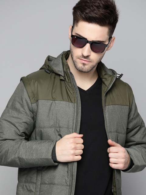 

Indian Terrain Men Olive Green Solid Padded Jacket with Detachable Hood