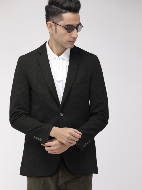 

Indian Terrain Men Black Self Design Single Breasted Semi-Formal Blazer