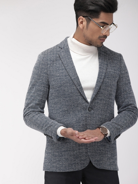 

Indian Terrain Men Navy Blue & White Self Design Regular Fit Smart Casual Blazer