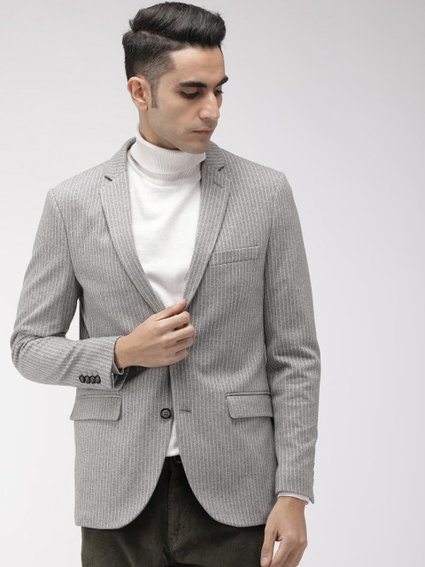 

Indian Terrain Men Grey Melange Striped Single Breasted Smart Casual Blazer