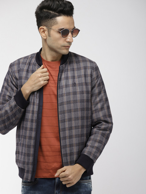

Indian Terrain Men Navy Blue Checked Bomber Jacket