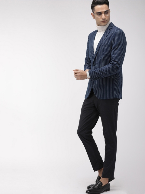 

Indian Terrain Men Navy Blue & White Striped Regular Fit Smart Casual Blazer