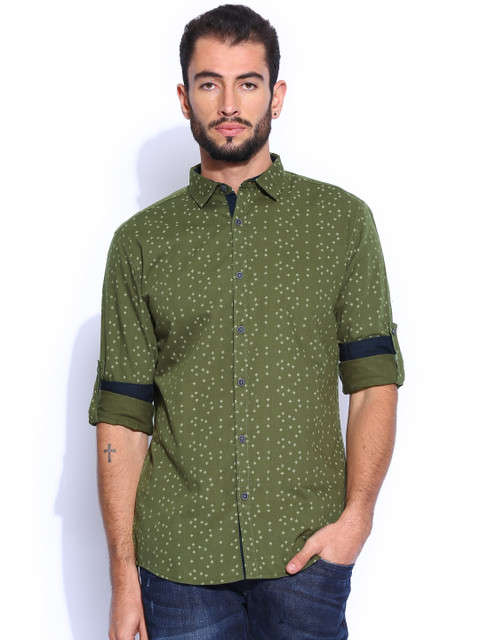

Nature Casuals Olive Green Printed Slim Fit Casual Shirt