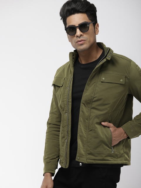 

Indian Terrain Men Olive Green Solid Lightweight Biker Jacket