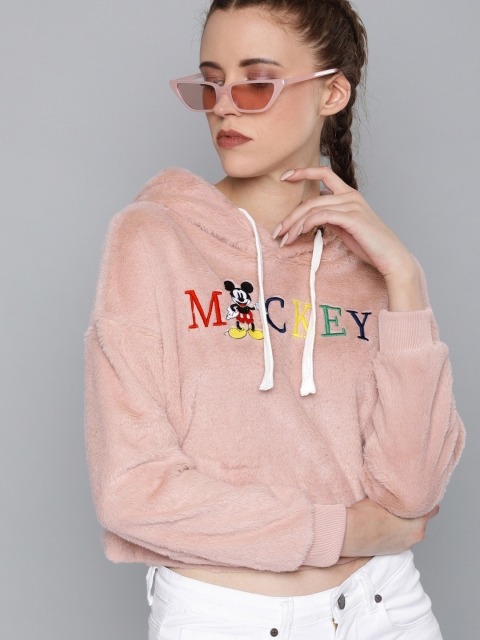 

Kook N Keech Disney Women Dusty Pink Printed Fuzzy Crop Hooded Sweatshirt