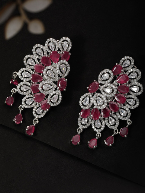 

Rubans Silver-Toned & Red Contemporary Studs
