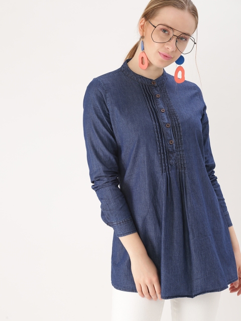 

DressBerry Women Blue Solid Pure Cotton Pleated Shirt Style Chambray Top