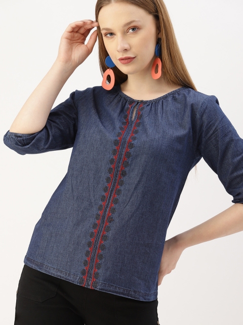 

DressBerry Women Navy Blue Embroidered Denim Top