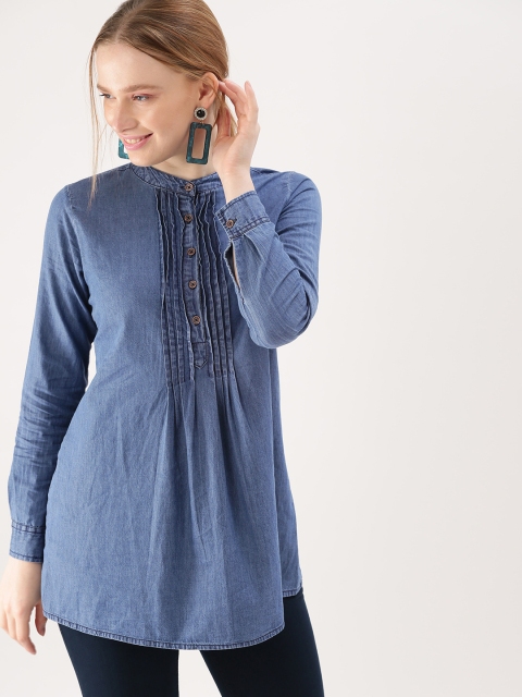 DressBerry Women Blue Solid Pleated Shirt Style Top