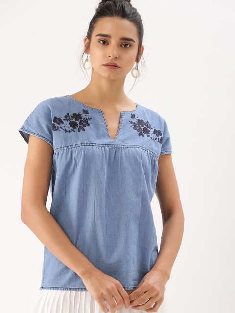 

DressBerry Women Blue Solid Embroidered Top