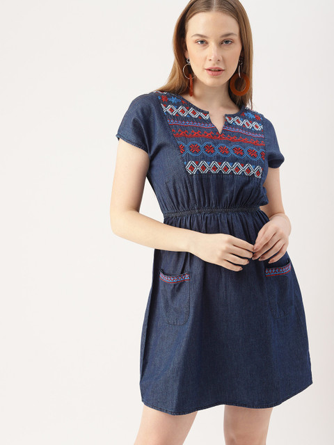 

DressBerry Women Navy Blue Embroidered Denim A-Line Dress
