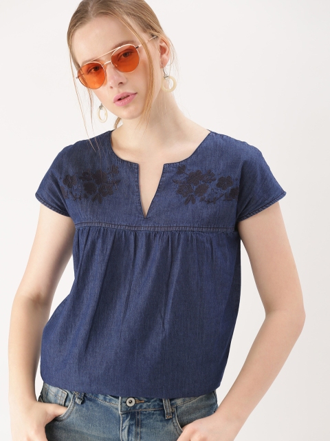 

DressBerry Women Blue Solid Pure Cotton Embroidered Chambray Top