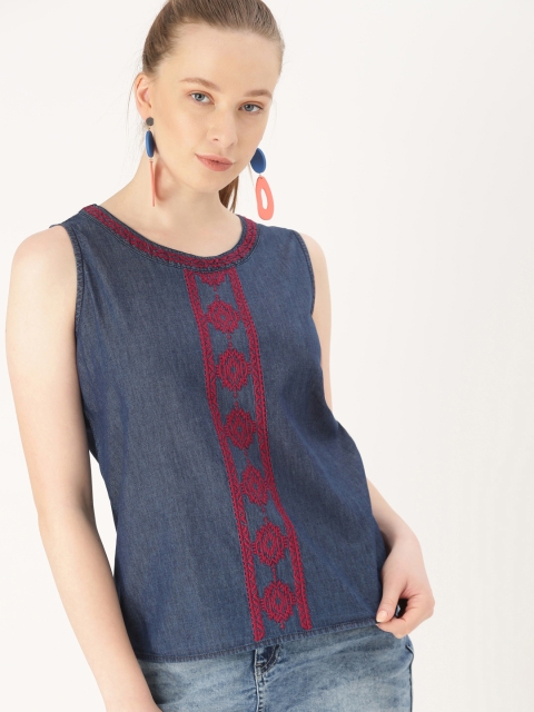 

DressBerry Women Blue Embroidered Regular Top