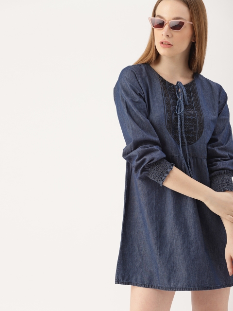 

DressBerry Women Self Design Blue Chambray A-Line Dress