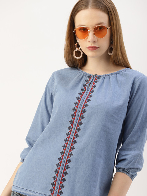 

DressBerry Women Blue Embroidered Denim Top