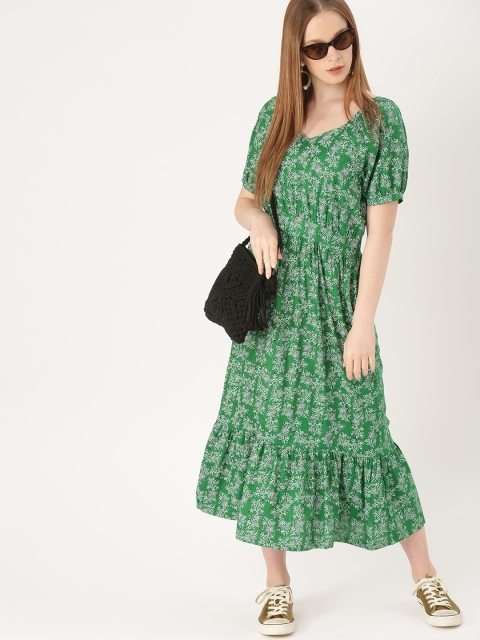 

DressBerry Women Green & White Floral Printed Fit and Flare Dress