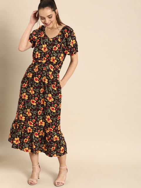 

DressBerry Women Black & Mustard Yellow Floral Print A-Line Midi Dress