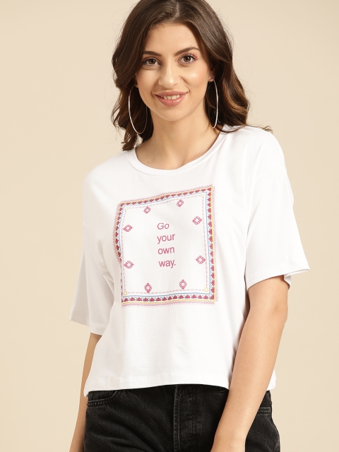 

DressBerry Women White & Pink Printed Round Neck T-shirt