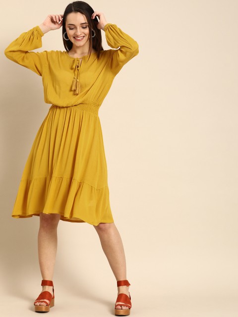 

DressBerry Women Mustard Yellow Solid Fit and Flare Dress