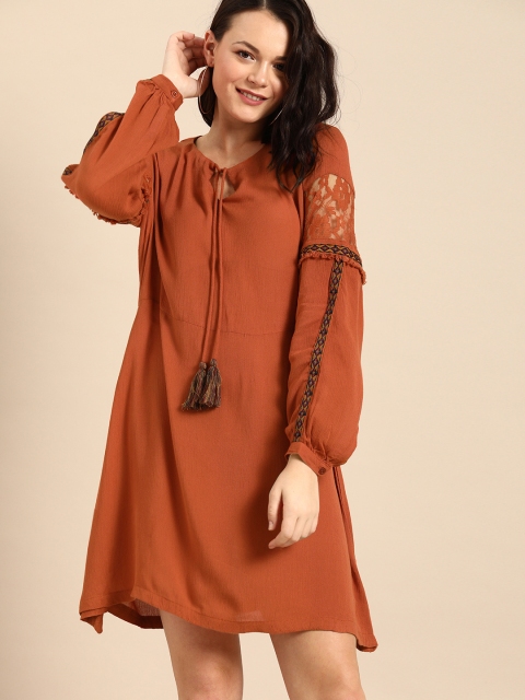 

DressBerry Women Rust Orange Solid A-Line Dress