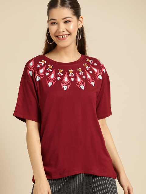 

DressBerry Women Maroon Solid Round Neck T-shirt