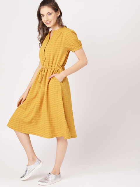 

DressBerry Women Mustard Yellow Self-Striped A-Line Dress