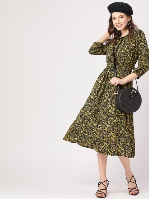 

DressBerry Women Black & Yellow Floral Printed A-Line Dress