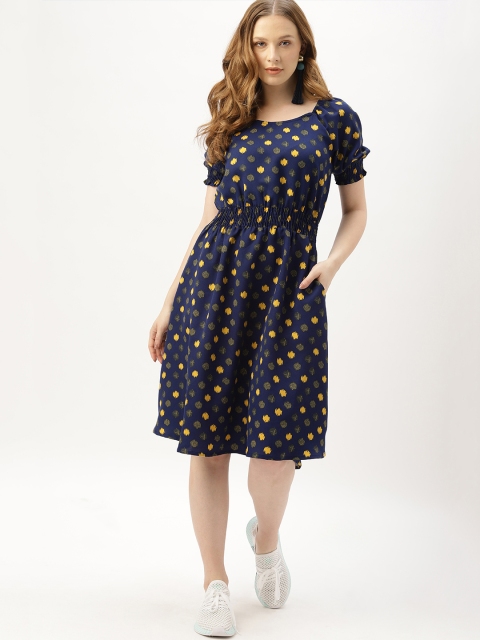 

DressBerry Women Printed Navy Blue & Yellow Fit and Flare Dress