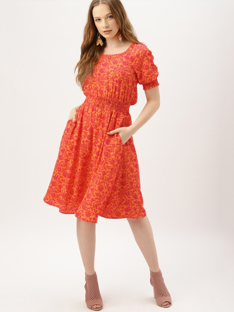 

DressBerry Women Orange & Pink Floral Printed Fit and Flare Dress