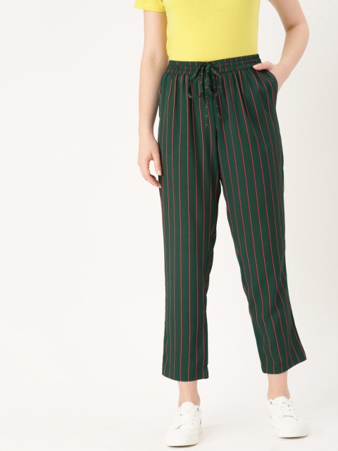 

DressBerry Women Green & Red Regular Fit Striped Cropped Regular Trousers