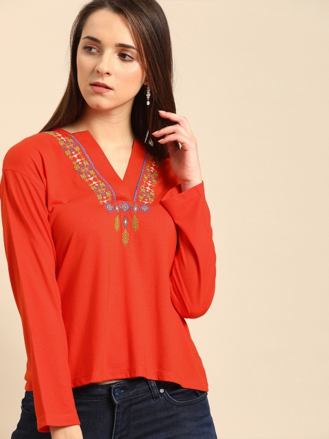 

DressBerry Women Red Embroidered Top