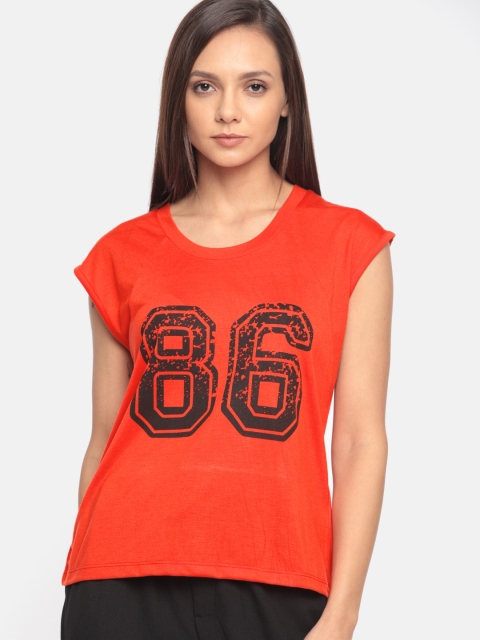 

DressBerry Women Coral Orange Printed Round Neck T-shirt