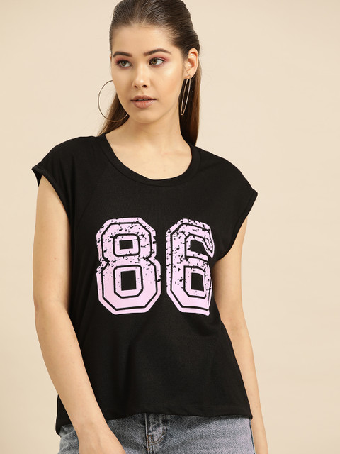 

DressBerry Women Black & Pink Printed Round Neck T-shirt