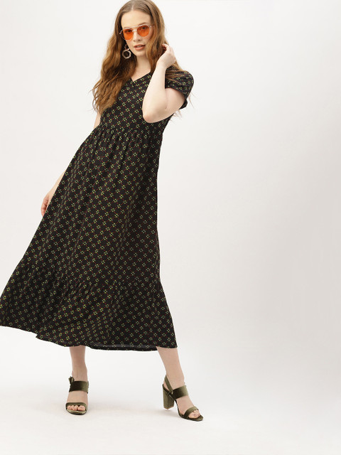 

DressBerry Women Printed Black & Green A-Line Midi Dress