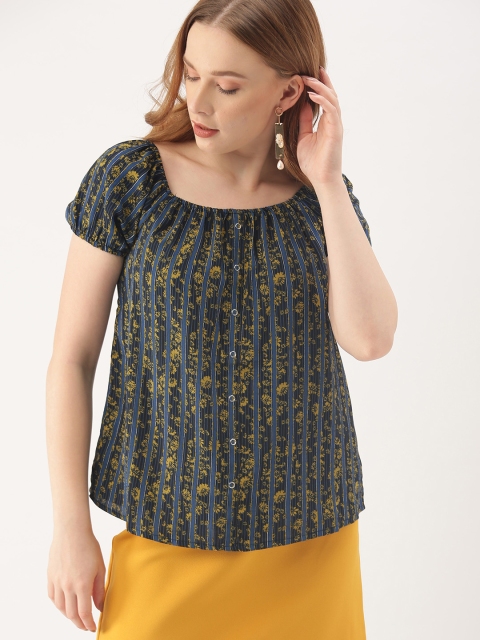 

DressBerry Women Teal Blue & Olive Green Striped Top