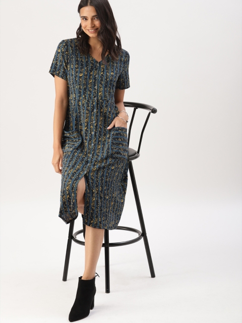 

DressBerry Women Teal Blue & Mustard Yellow Floral Printed A-Line Dress