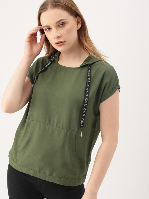 

DressBerry Women Olive Green Solid Hooded Top