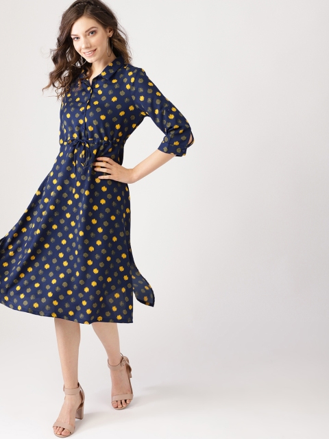 

DressBerry Women Navy Blue & Mustard Yellow Printed A-Line Dress