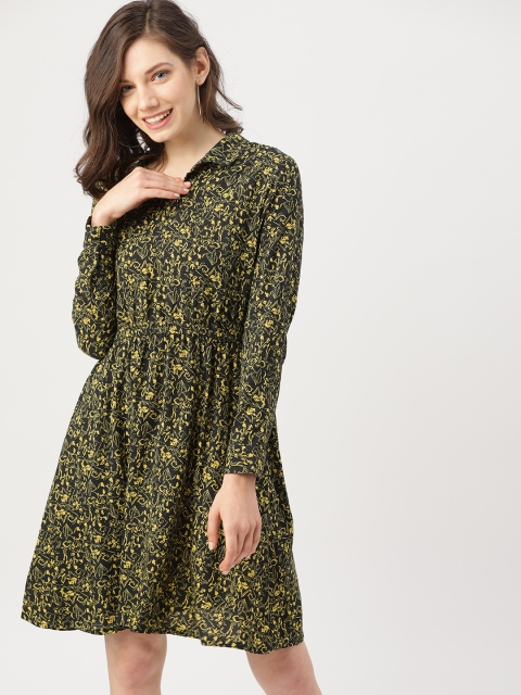 

DressBerry Women Black & Yellow Floral Printed Shirt Dress