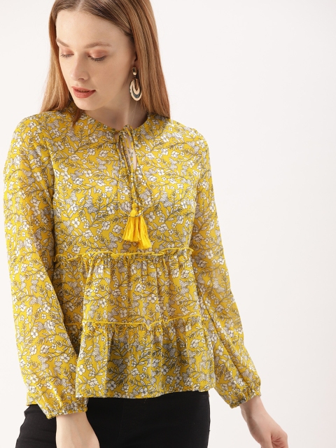 

DressBerry Women Mustard Yellow& White Printed A-Line Top