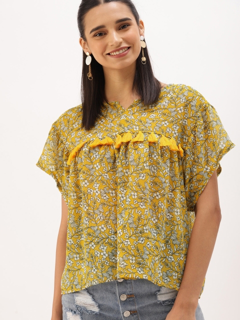 

DressBerry Women Yellow Floral Printed High-Low Top