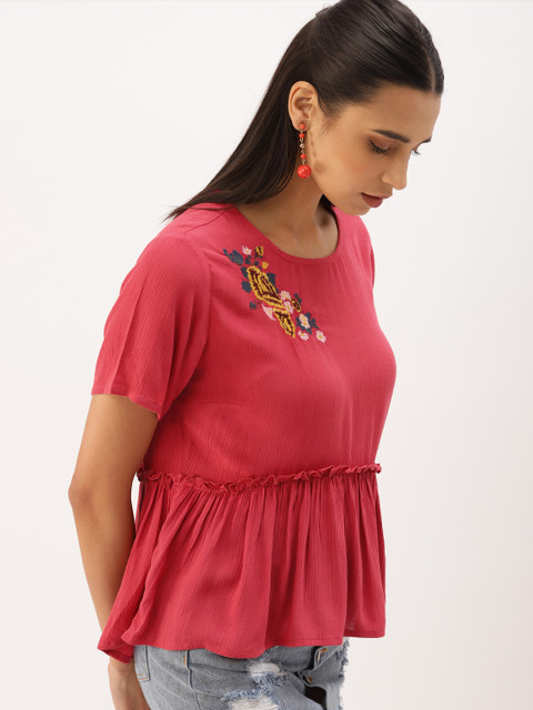 

DressBerry Women Pink Solid Round Neck High-Low Top