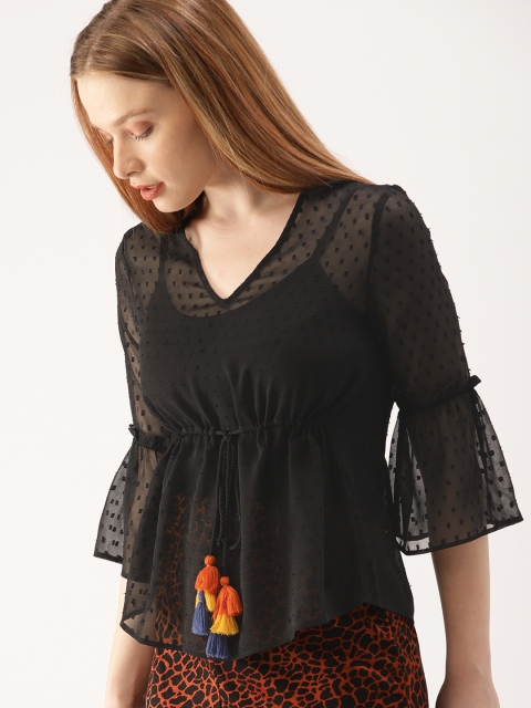 

DressBerry Women Black Self Design Cinched Waist Top