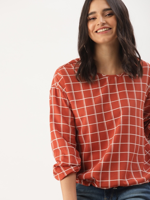 

DressBerry Women Rust Orange & White Checked Top