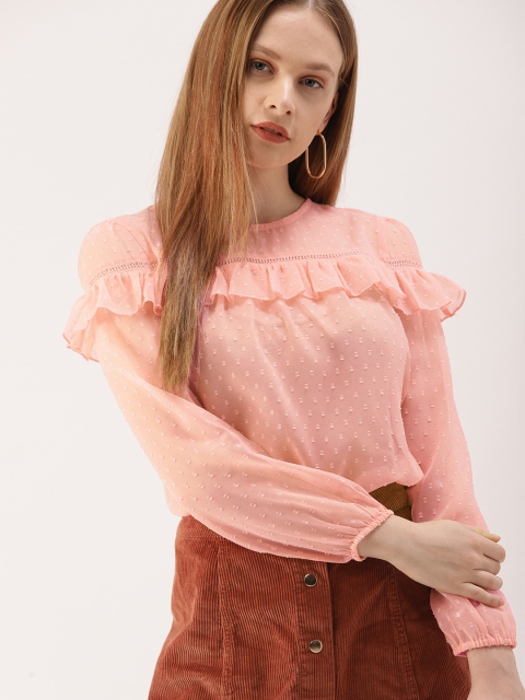 

DressBerry Women Pink Self Design Sheer Top